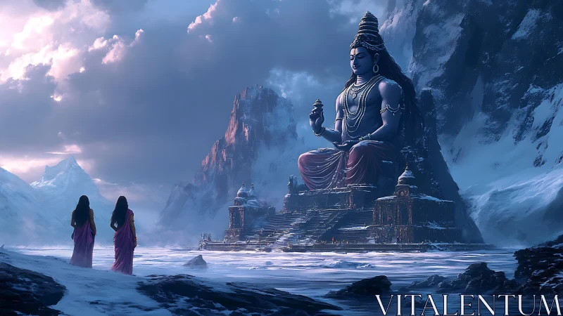 Snowy mountain temple complex faces colossal seated statue
