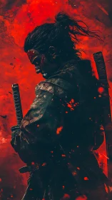 Samurai profile with swords against dense red backdrop.