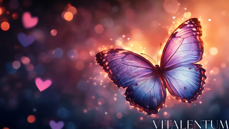 Luminous purple butterfly glows amid romantic bokeh haze.