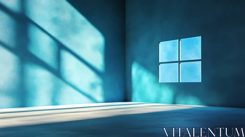 Sunlit blue interior wall shows geometric window projection