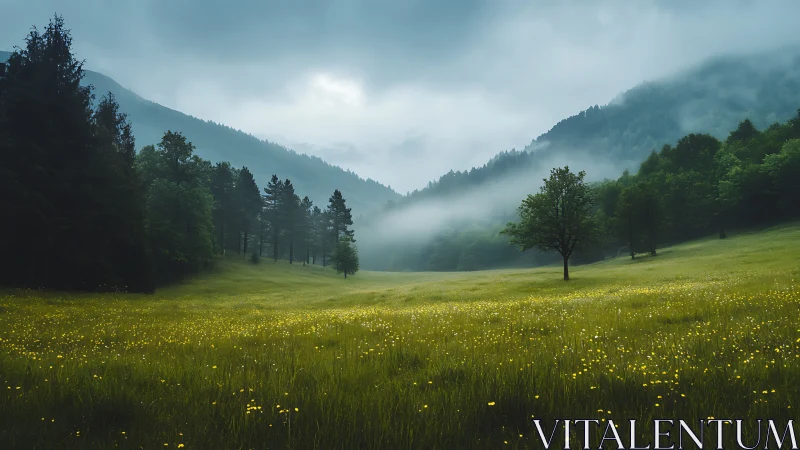 Photorealistic misty meadow with distant forested ridges.