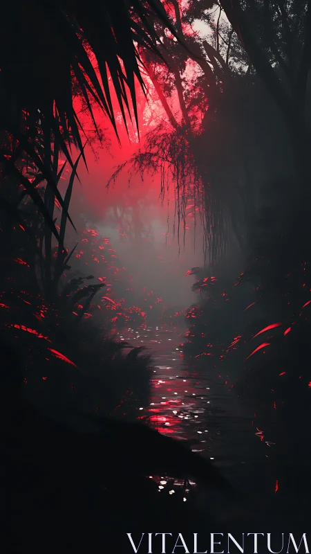 Blood-red light floods a misty jungle river at twilight