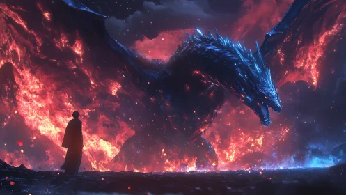 Volcanic confrontation with bioluminescent dragon and lone mage