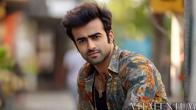 Confident young man gazes into camera on a vibrant street