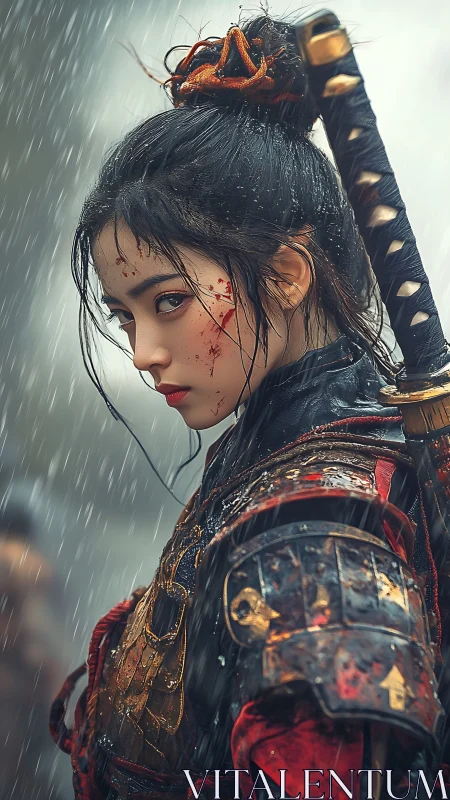Young samurai in the rain, gaze sharp with quiet resolve.