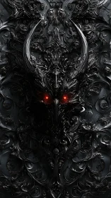 Demonic baroque visage in glossy black relief with red eyes.