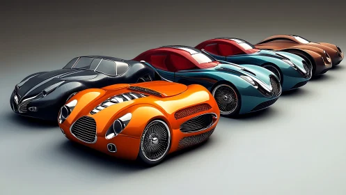 Row of stylized retro-futuristic sports coupes in studio.