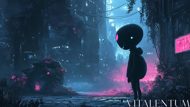 Neon-eyed robot studies bioluminescent ruins at night.