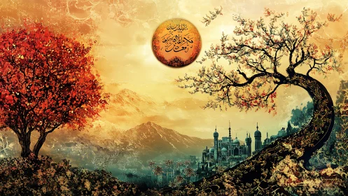Fantasy city framed by ornate trees under calligraphic sun