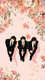Softly suited trio beneath a drifting garden of blossoms.