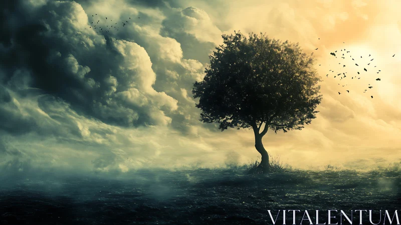 Solitary tree stands against storm clouds and rising light