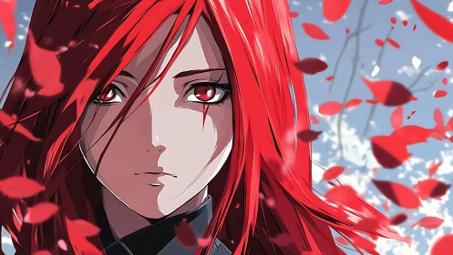 Anime portrait with red-haired heroine and kinetic petals.