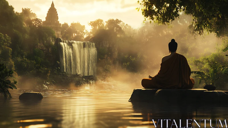 Monk in meditation by waterfall and temple at sunrise.