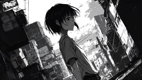 Side profile of youth in dense monochrome urban ruins