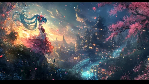 Anime girl over fantasy village at sunset and night.