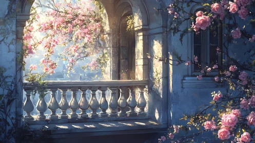 Sunlit stone balcony with flowering vines and archway