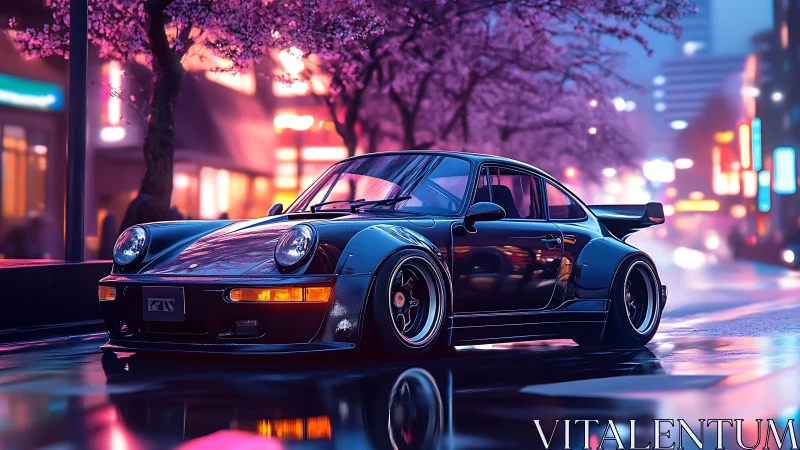 Modified black sports car parked on wet neon city street