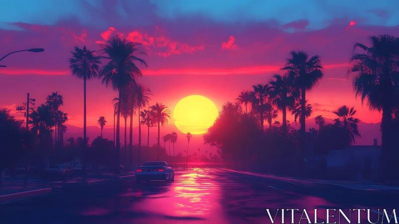 Neon sunset glows over palm-lined boulevard and car