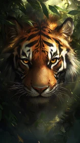 Tiger head emerging from dense green foliage in shade.