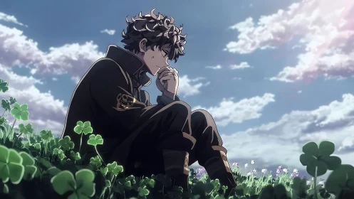 Pensive boy sits in clover field under bright spring sky.