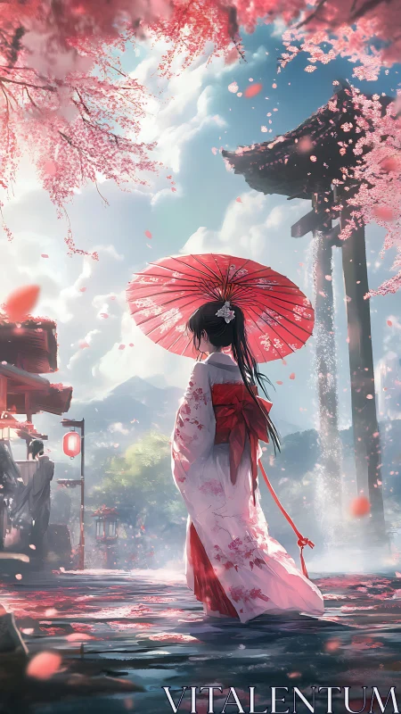 Cherry blossom shrine walk with parasol in soft spring light.