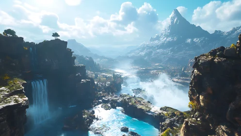 Sky-drunk waterfalls carving a turquoise valley kingdom.