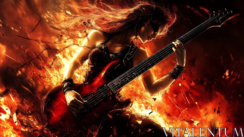 Guitarist silhouette rendered against intense fiery backdrop