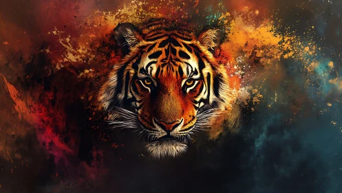 Tiger face emerges through splashes of fiery abstract color.