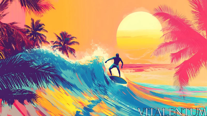 Neon sunset surf scene with tropical palm silhouettes.