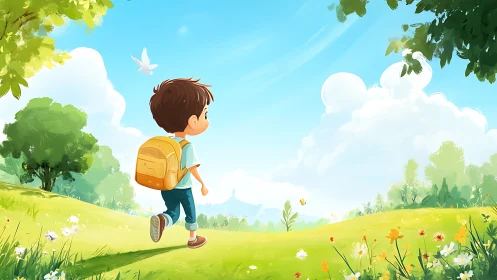 Curious young traveler strolling through a sunny meadow.