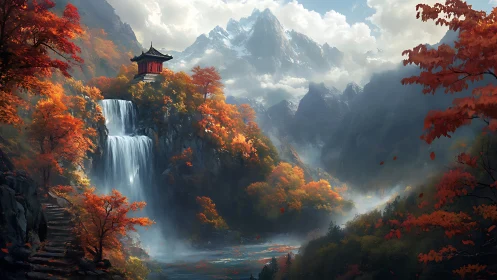 Digital painting of autumn shrine above misty waterfall gorge.