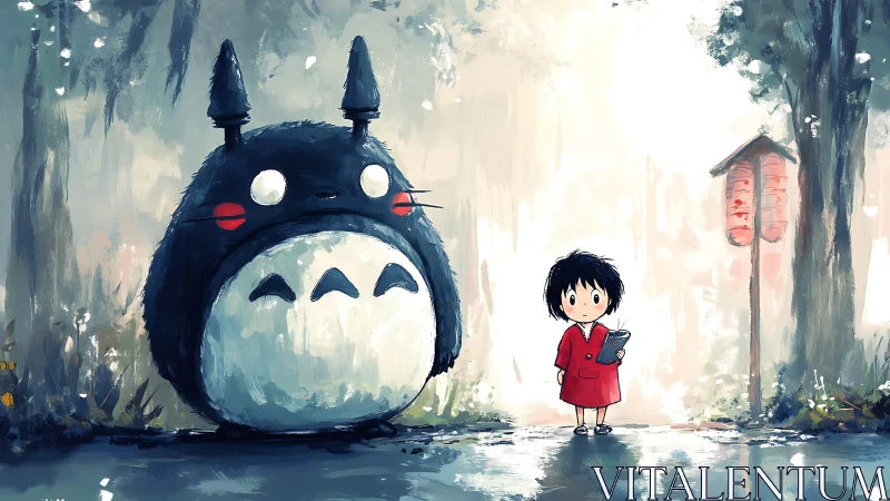 Child meets large forest spirit on misty woodland path