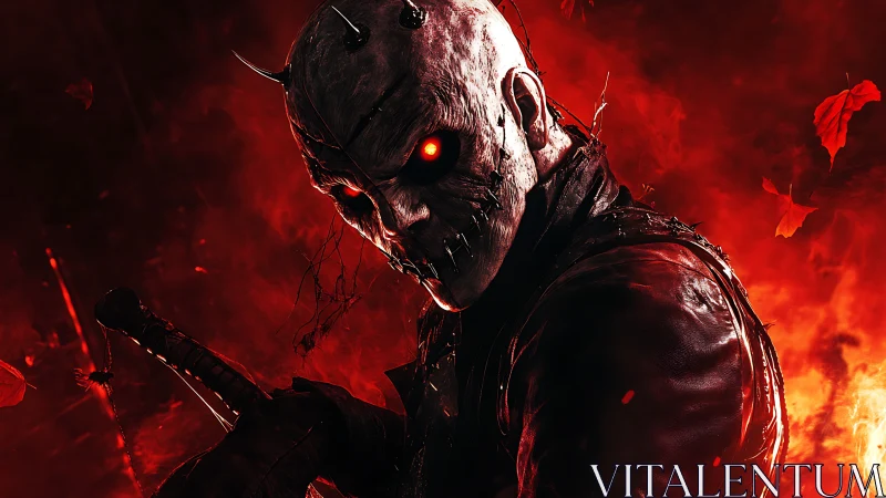 Demonic masked figure dominates infernal red backlit scene