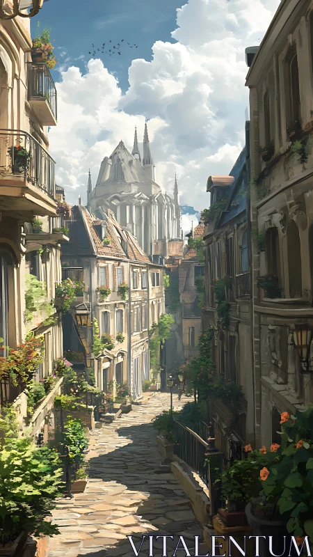 Narrow stone street leading toward distant bright cathedral.