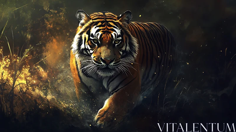 Fiery forest tiger steps forward through glowing twilight mist