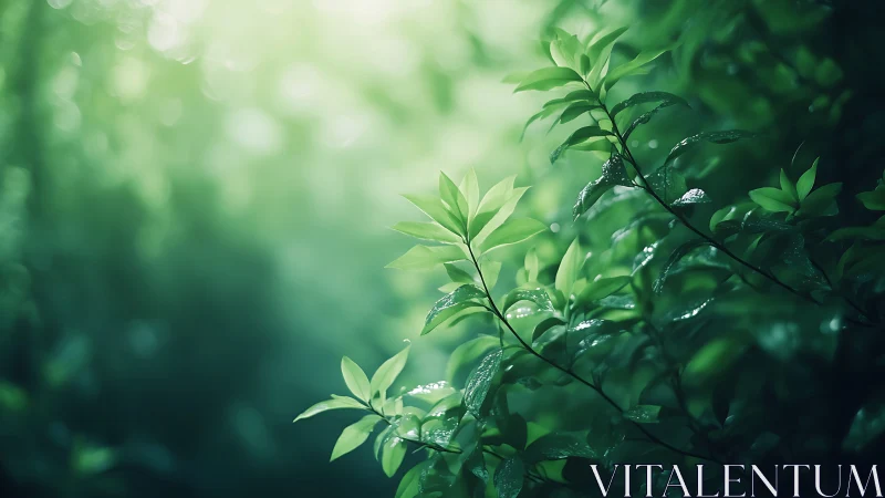 Sunlit green foliage in soft focus, nature photography style.