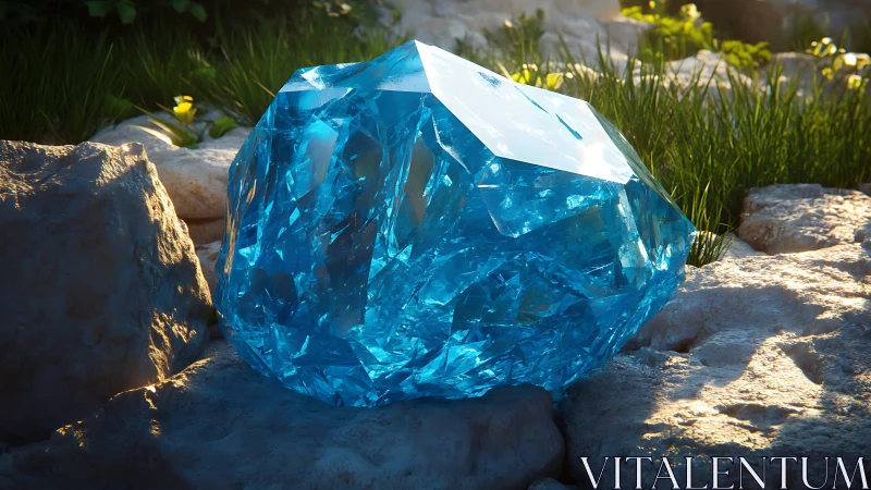 Gleaming blue crystal boulder resting on sunlit stone.