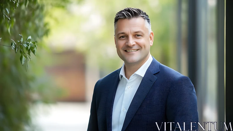 Shallow depth-of-field corporate headshot with natural bokeh background