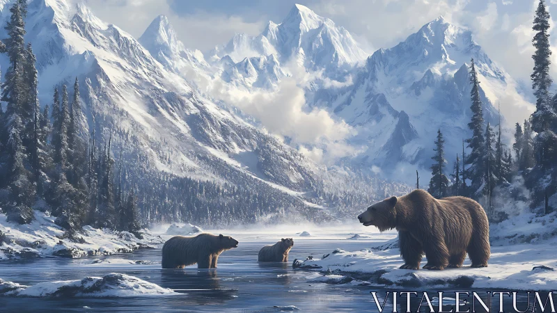 Brown bear family wandering through a calm winter river.