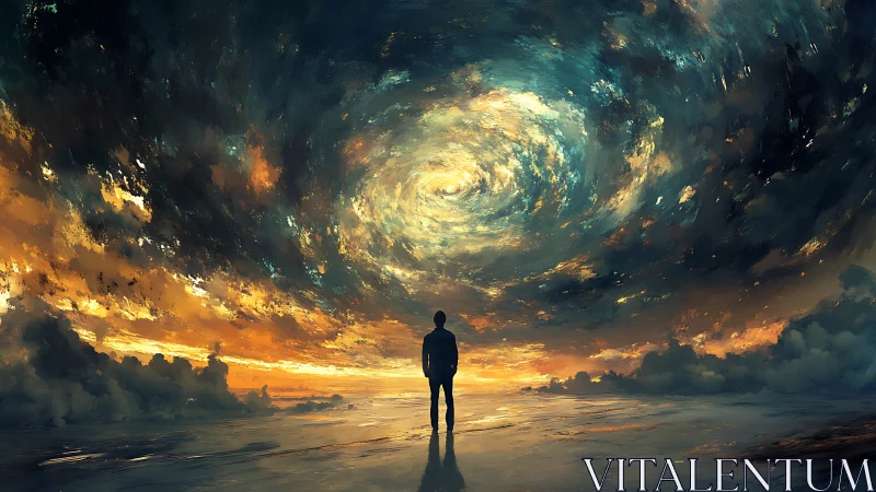 Solitary figure contemplates a swirling cosmic sky of fire and dusk