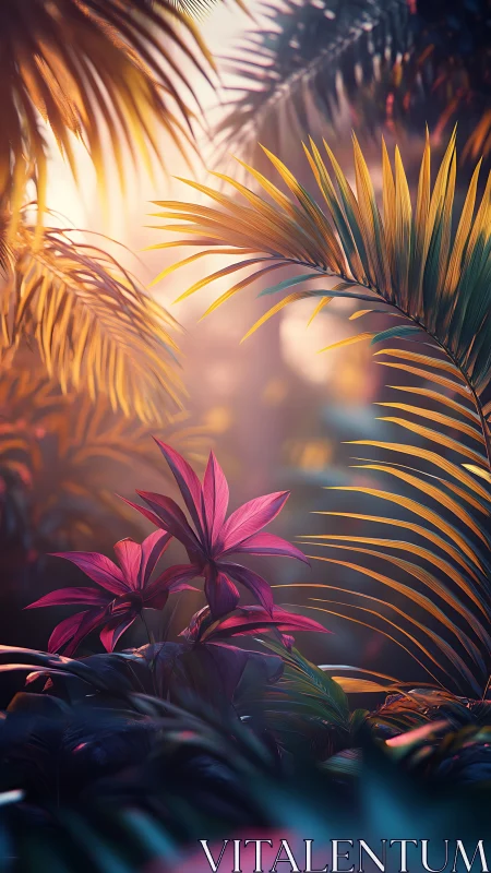 Sunlit tropical foliage glows in dreamy sunset haze
