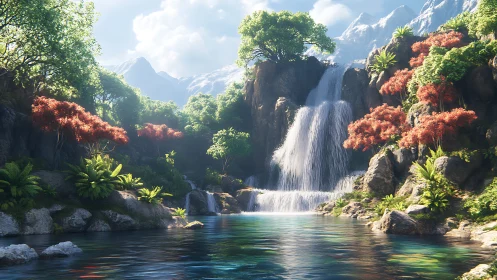 Multi-tier waterfall in lush mountain basin, high noon lighting
