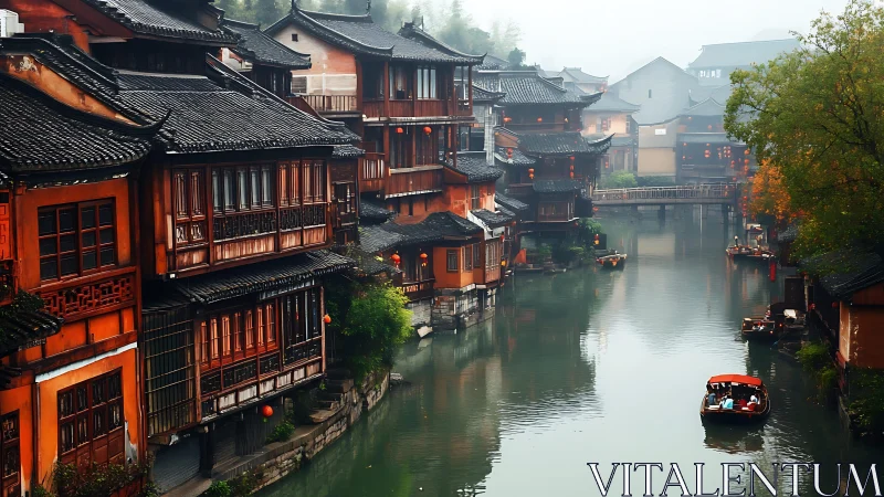 Foggy canal with stilted wooden riverside houses and small tour boats