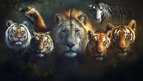 Majestic Wildlife Assembly: Tigers, Lions, and Exotic Animals.