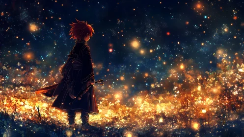 Red haired cloaked figure in glowing starry field at night.