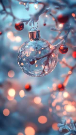Glass ornament hangs among frosted branches and blurred lights
