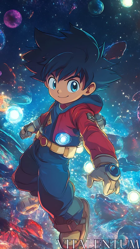 Young space explorer soars through luminous cosmic field