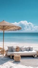 Coastal lounge composition with wicker shading system, midday light.