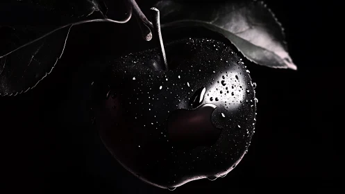 Midnight tech apple gleams with droplets and quiet power