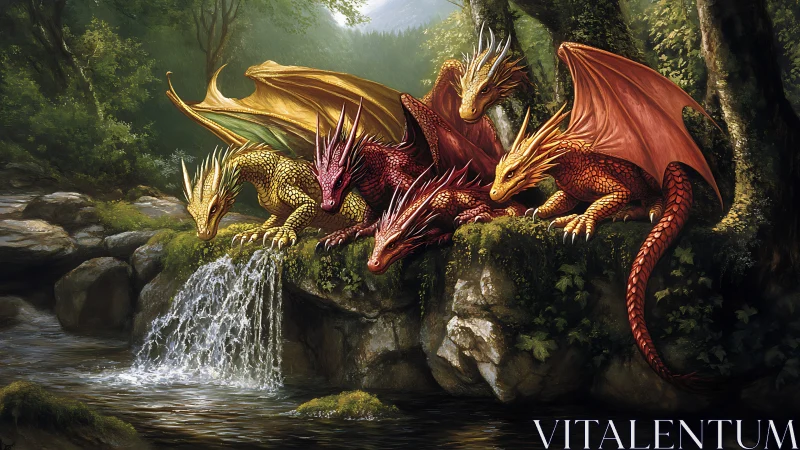 Chromatic forest dragons gather over mossy waterfall
